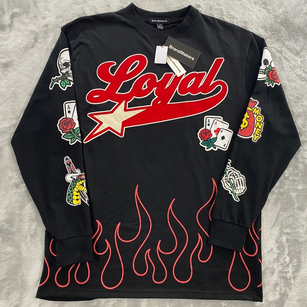 BrandMakers Loyal LS Tee Mens LG Black New Heavyweight Relaxed Fit Graphic Shirt